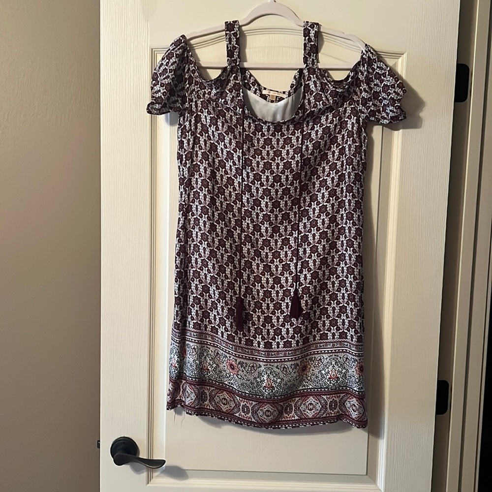 Burgundy, patterned, cold shoulder dress
